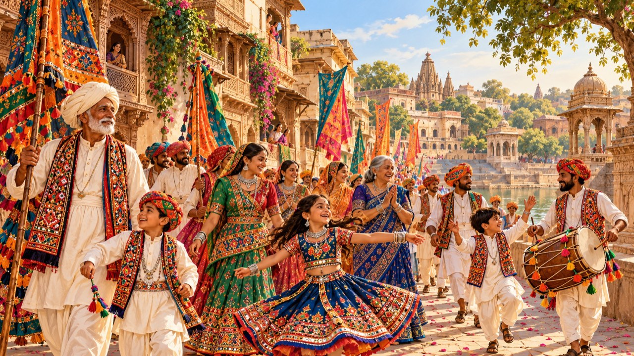 Illustration of families celebrating their ancestral roots in a village parade