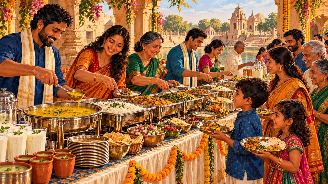 Illustration of a Gujarati community buffet serving dal, rice and lassi