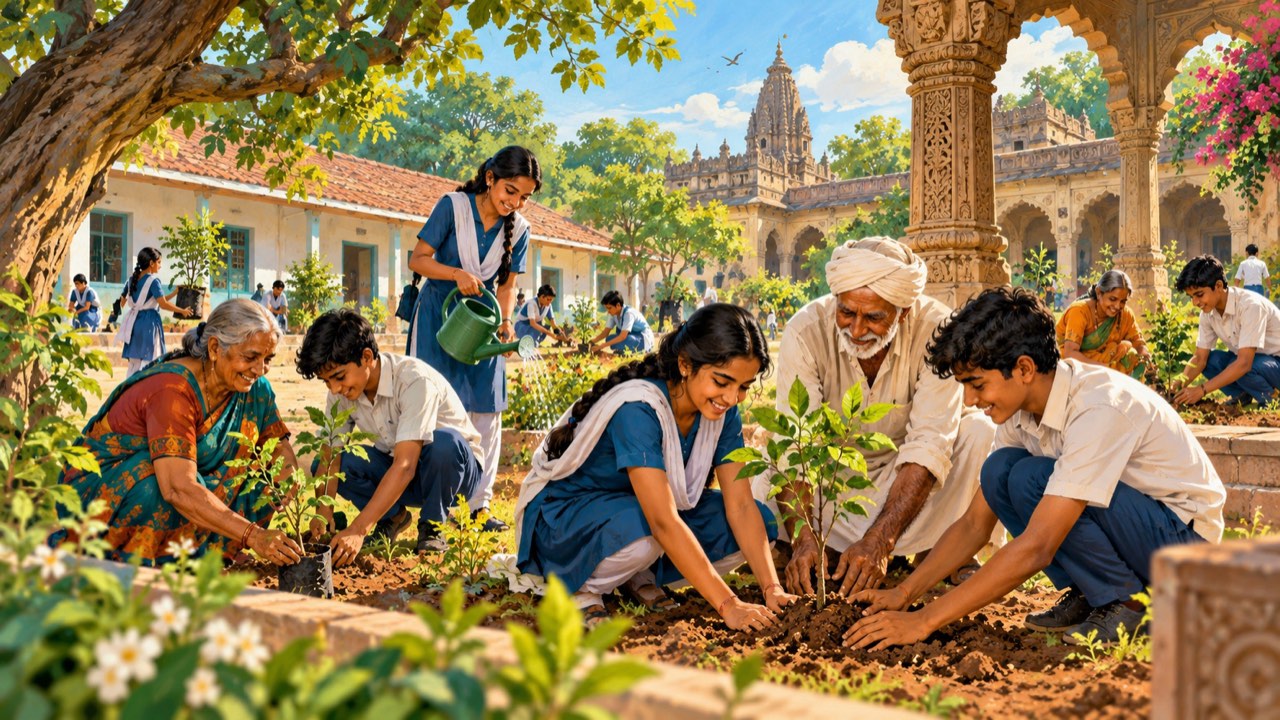 Illustration of youth and elders planting trees together